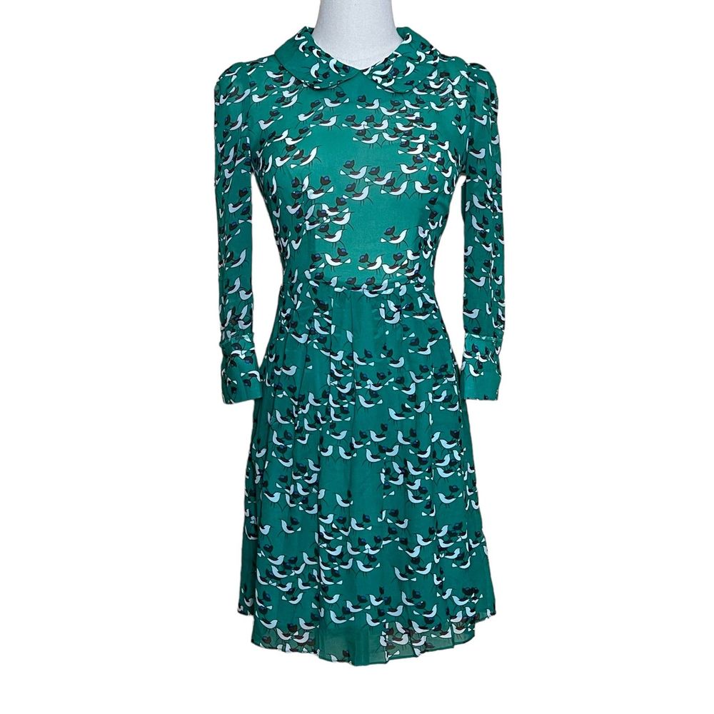 Beach Bash by Art & Tatyana Women's Green Birdie Mini Dress Long Sleeve Flowy XS